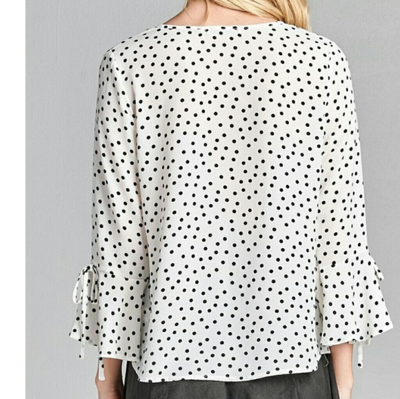 Black White Polka Dots Bell Sleeve Blouse - Picture 4 of 5